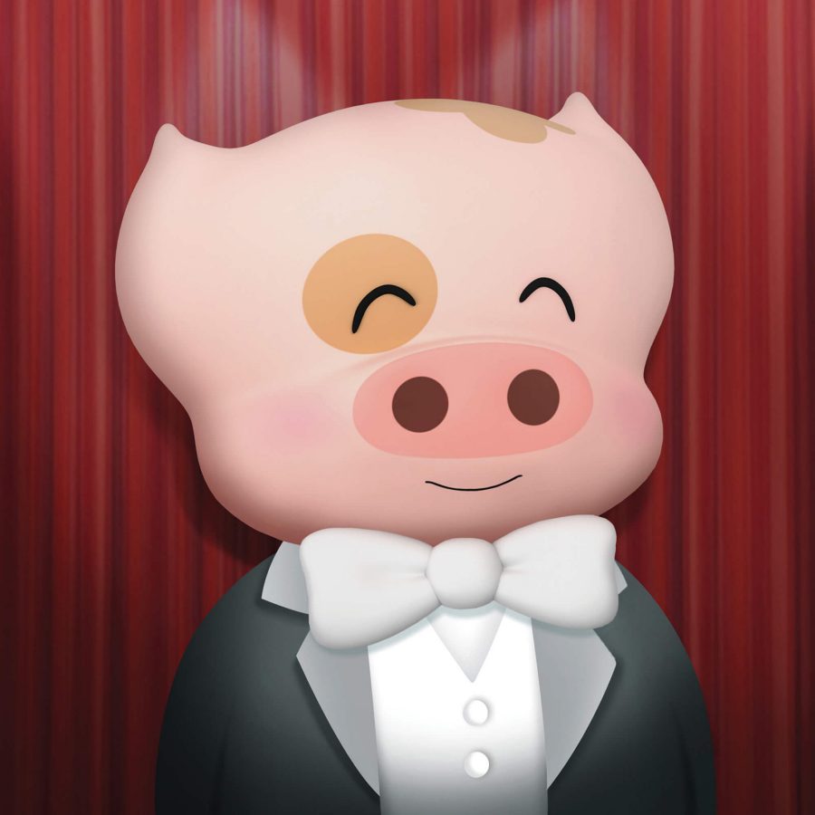 A portrait of fictional character McDull shows him standing in front of a red curtain. 